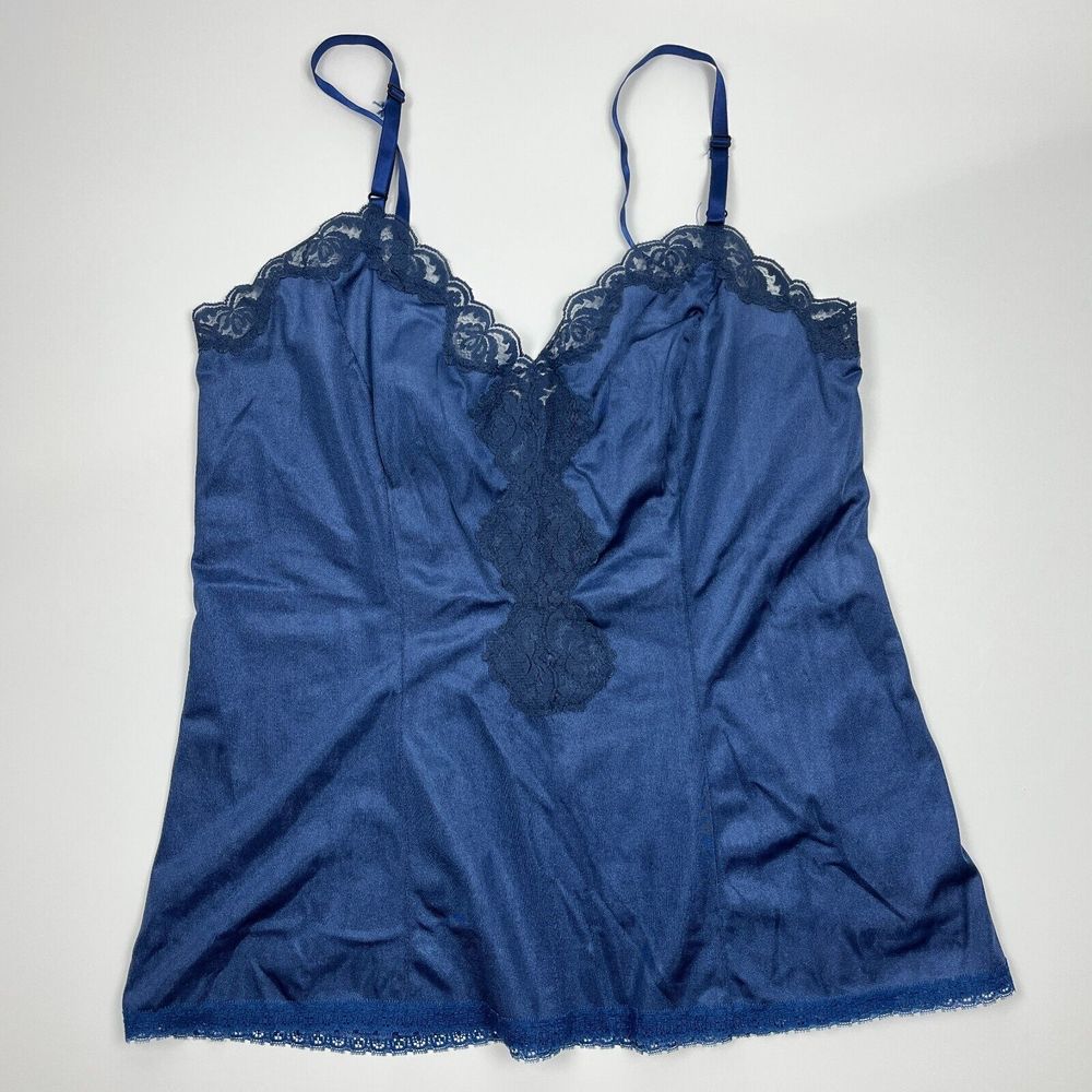 Vintage Navy Blue Lace Semi Sheer Cami By Fortune Adjustable Straps Sz Large